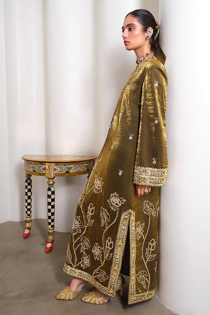 Golden Organza Floral Embroidered Kaftan by PAPA DONT PREACH PRET at Pernia's Pop Up Shop
