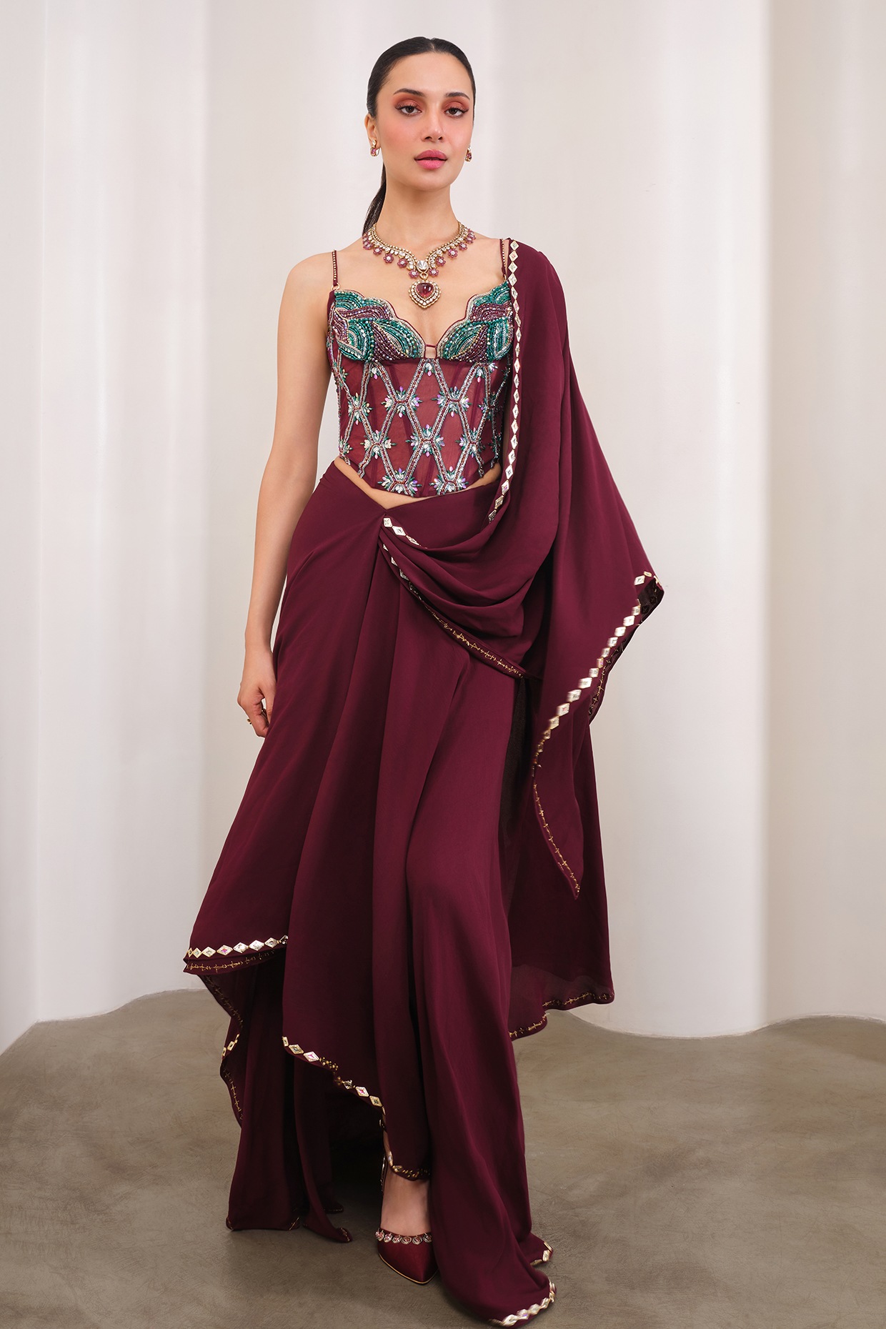 PAPA DONT PREACH PRET Wine Georgette Embellished Draped Saree Set