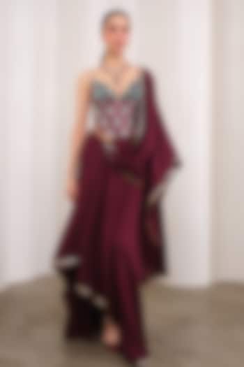 Wine Georgette Embellished Draped Reception Saree Set by PAPA DONT PREACH PRET at Pernia's Pop Up Shop