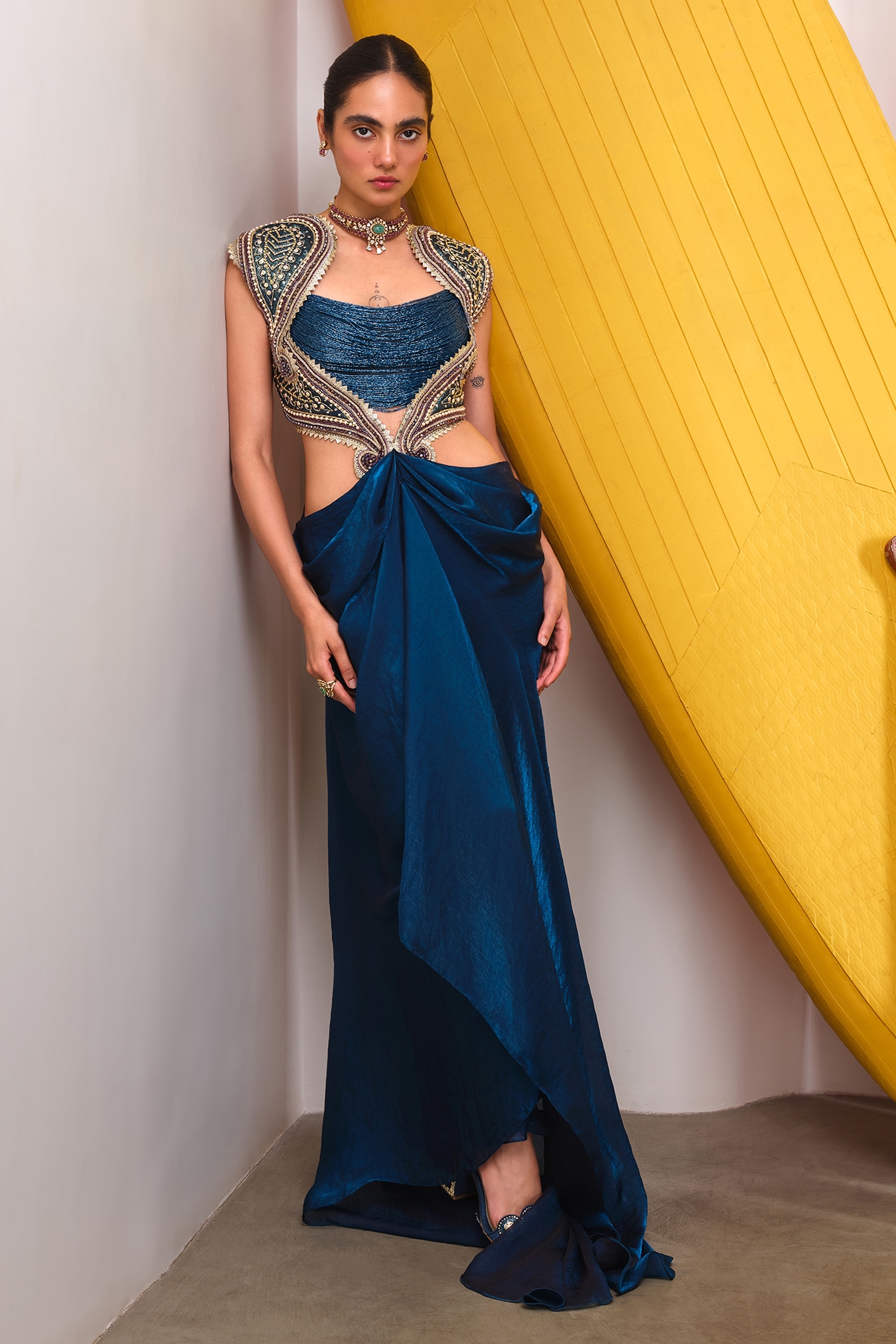 PAPA DONT PREACH PRET Petrol Blue Organza Cutdana Embroidered Dress