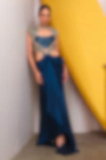 Petrol Blue Organza Cutdana Embroidered Party Wear Dress by PAPA DONT PREACH PRET at Pernia's Pop Up Shop