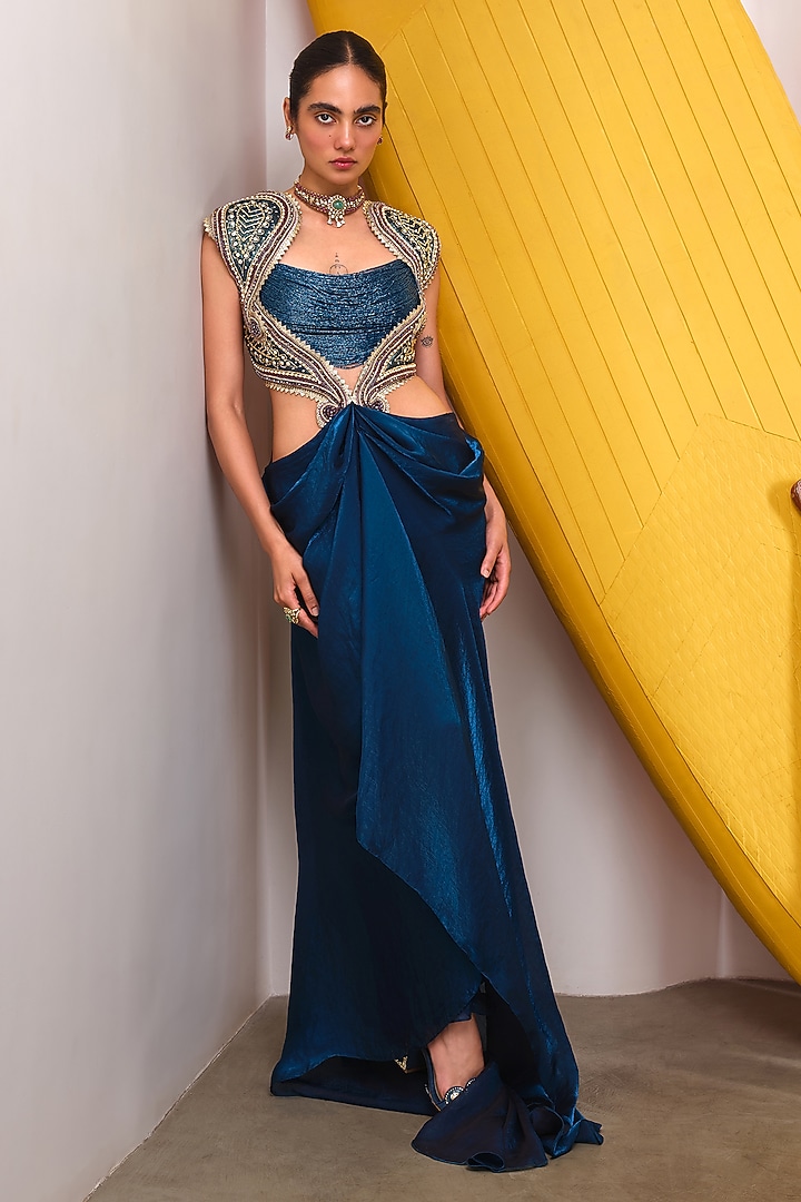 Petrol Blue Organza Cutdana Embroidered Party Wear Dress by PAPA DONT PREACH PRET at Pernia's Pop Up Shop