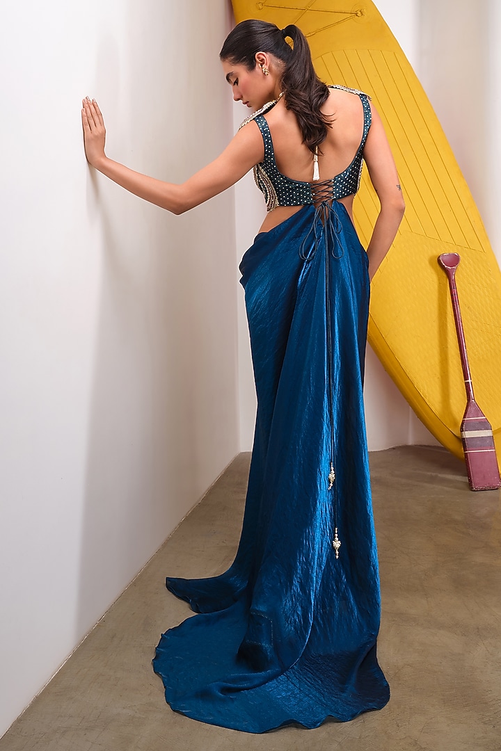 Petrol Blue Organza Cutdana Embroidered Party Wear Dress by PAPA DONT PREACH PRET at Pernia's Pop Up Shop