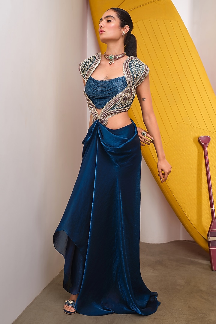 Petrol Blue Organza Cutdana Embroidered Party Wear Dress by PAPA DONT PREACH PRET at Pernia's Pop Up Shop