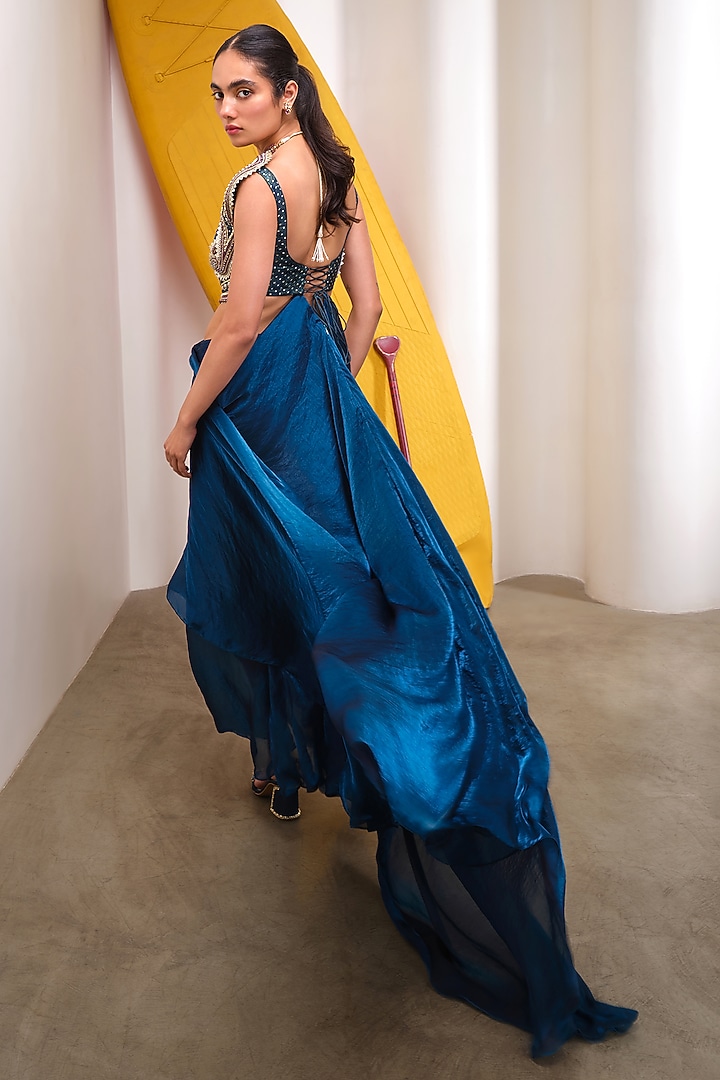 Petrol Blue Organza Cutdana Embroidered Party Wear Dress by PAPA DONT PREACH PRET at Pernia's Pop Up Shop