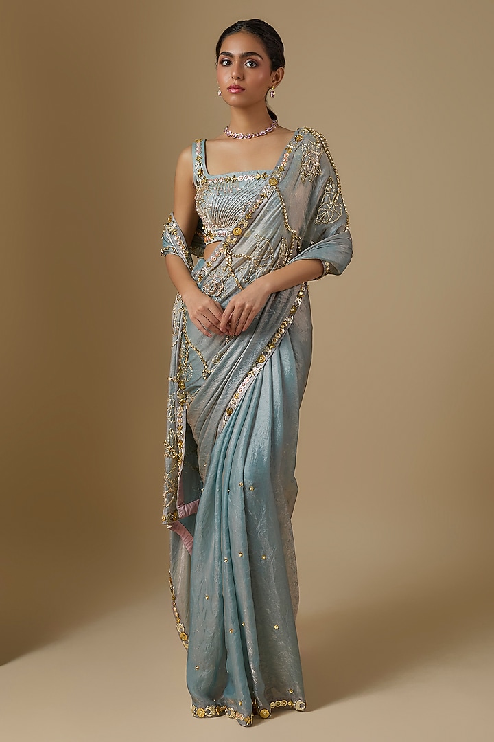Blue Organza Pearl Hand Embroidered Reception Saree Set by PAPA DONT PREACH PRET at Pernia's Pop Up Shop