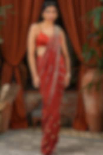 Rust Satin Embroidered Pre-Draped Reception Saree Set by PAPA DONT PREACH PRET at Pernia's Pop Up Shop