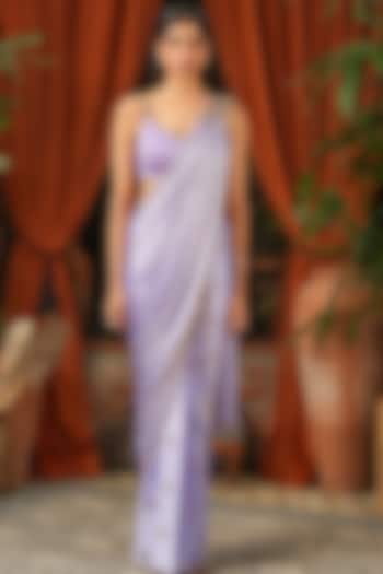Lilac Satin Embroidered Pre-Draped Reception Saree Set by PAPA DONT PREACH PRET at Pernia's Pop Up Shop