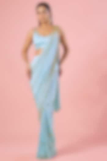 Powder Blue Satin Embroidered Pre-Stitched Reception Saree Set by PAPA DONT PREACH PRET at Pernia's Pop Up Shop