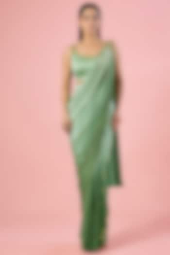 Olive Green Satin Embroidered Pre-Stitched Reception Saree Set by PAPA DONT PREACH PRET at Pernia's Pop Up Shop