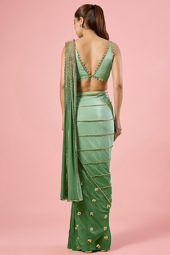 Olive Green Satin Embroidered Pre-Stitched Reception Saree Set by PAPA DONT PREACH PRET at Pernia's Pop Up Shop