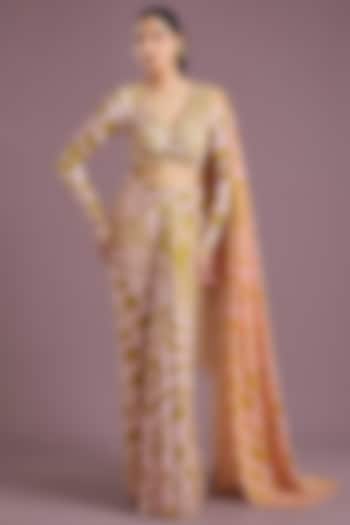 Yellow Lycra Printed Draped Reception Saree Set by PAPA DONT PREACH PRET at Pernia's Pop Up Shop