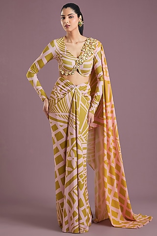 Yellow Lycra Printed Draped Saree Set by PAPA DONT PREACH PRET