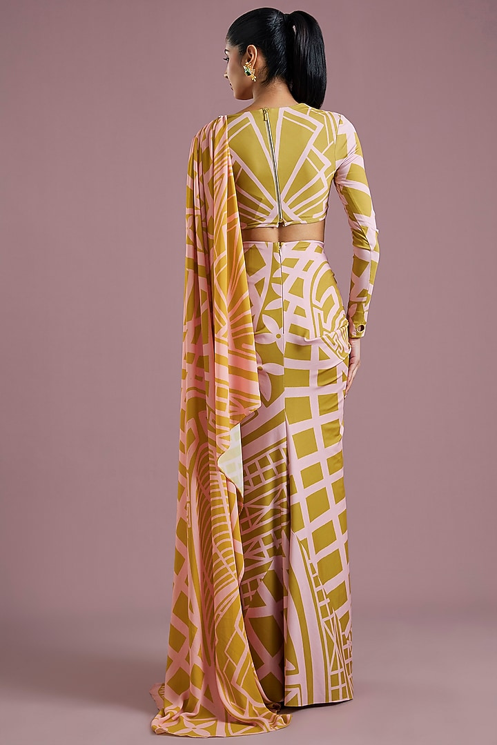 Yellow Lycra Printed Draped Reception Saree Set by PAPA DONT PREACH PRET at Pernia's Pop Up Shop