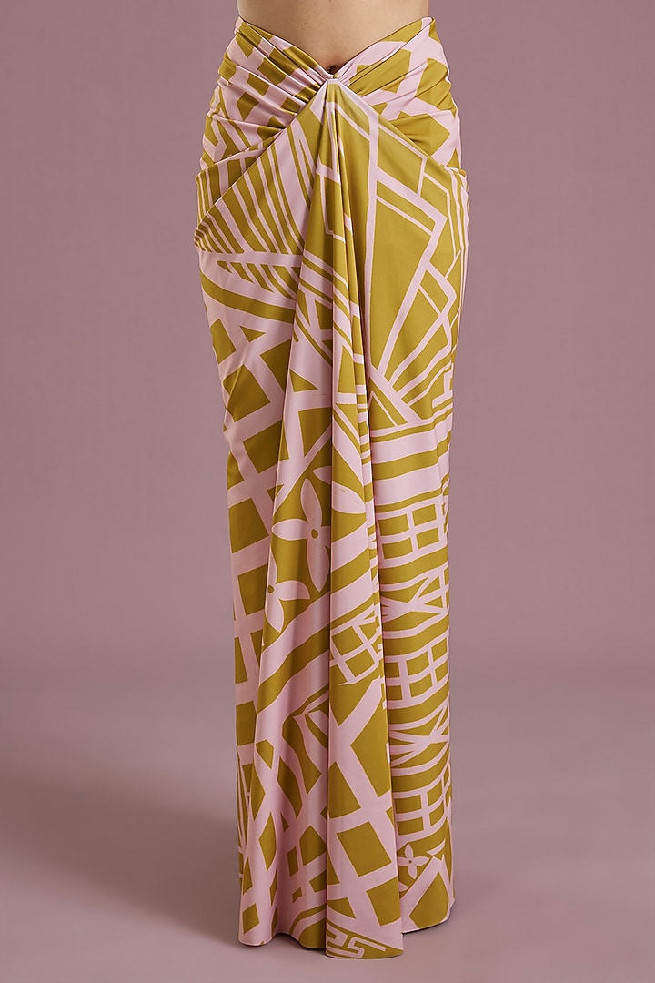 Yellow Lycra Printed Draped Reception Saree Set by PAPA DONT PREACH PRET at Pernia's Pop Up Shop