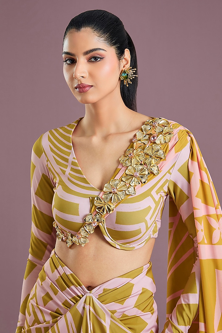 Yellow Lycra Printed Draped Reception Saree Set by PAPA DONT PREACH PRET at Pernia's Pop Up Shop