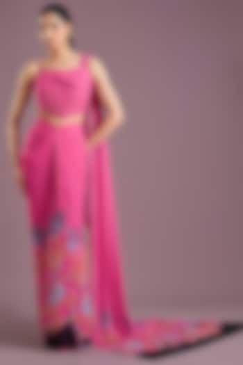Pink Georgette Printed Draped Wedding Saree Set by PAPA DONT PREACH PRET at Pernia's Pop Up Shop