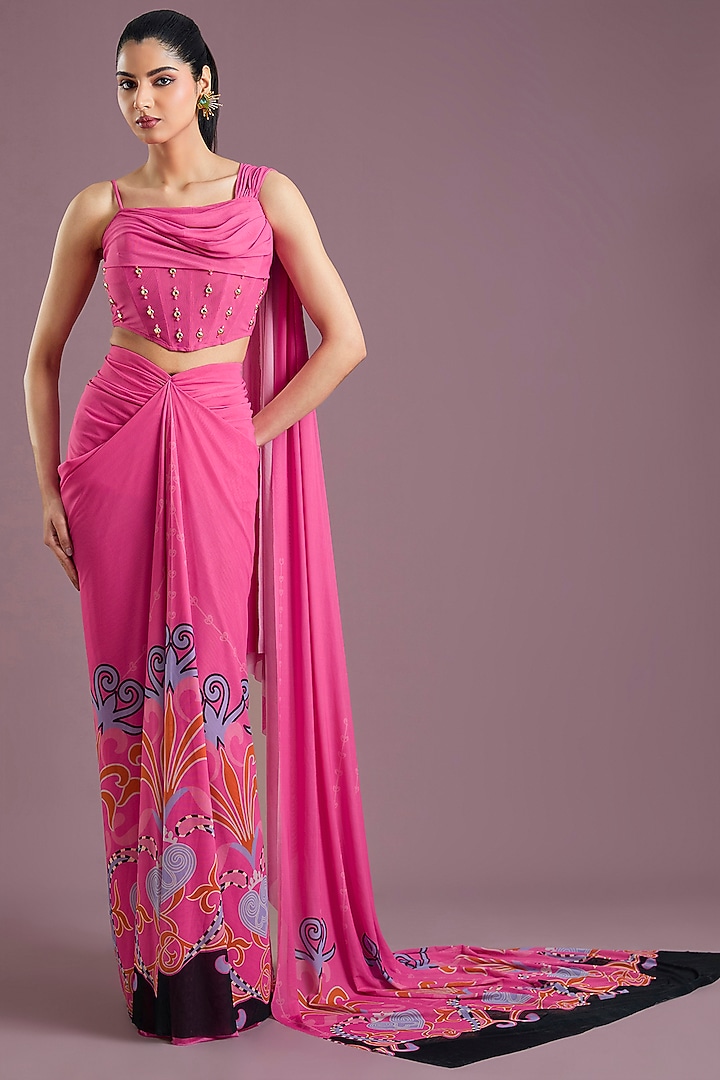 Pink Georgette Printed Draped Wedding Saree Set by PAPA DONT PREACH PRET at Pernia's Pop Up Shop