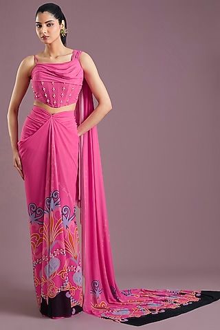 Pink Georgette Printed Draped Saree Set by PAPA DONT PREACH PRET
