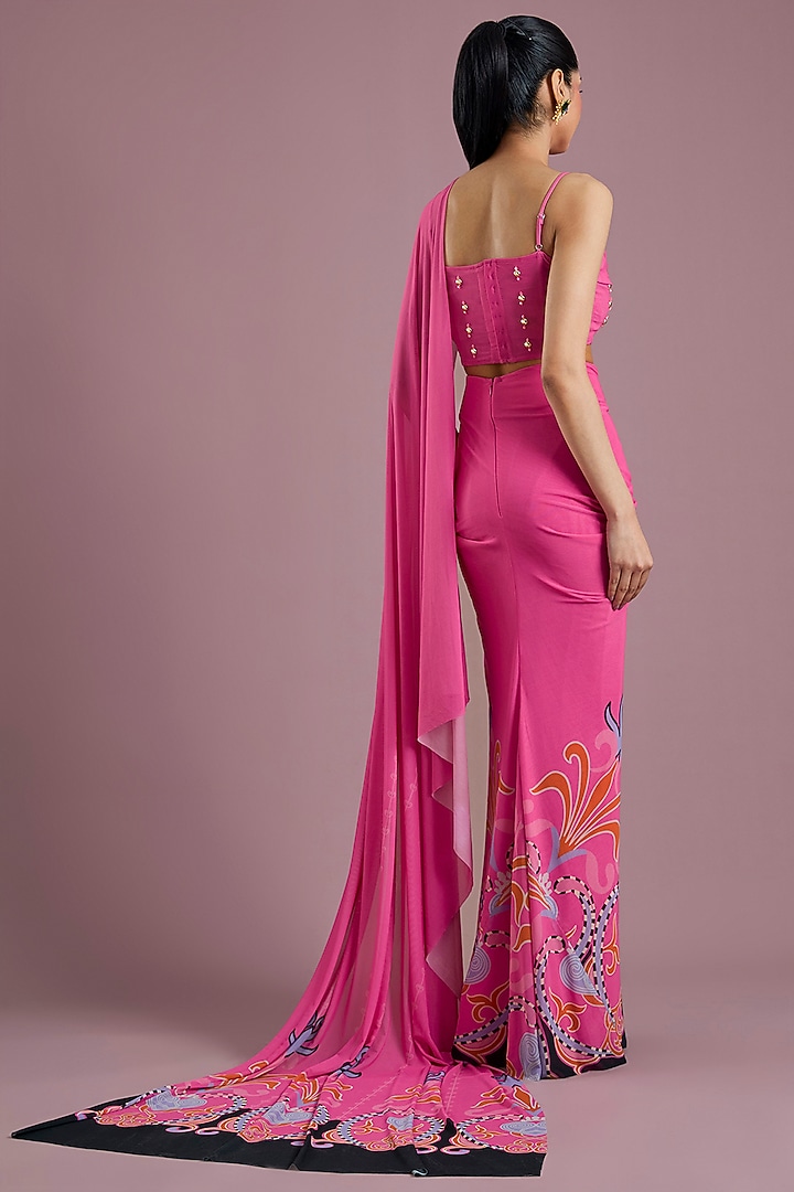 Pink Georgette Printed Draped Wedding Saree Set by PAPA DONT PREACH PRET at Pernia's Pop Up Shop