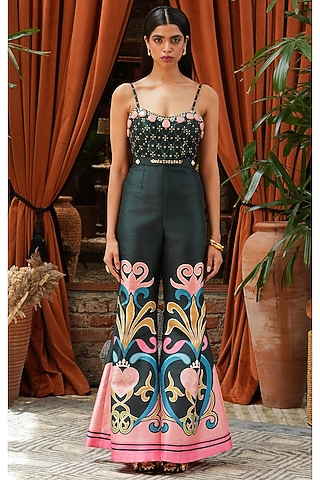 Green Raw Silk Embroidered Jumpsuit by PAPA DONT PREACH PRET