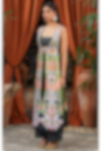 Green Raw Silk Printed & Embroidered Jacket Set by PAPA DONT PREACH PRET at Pernia's Pop Up Shop