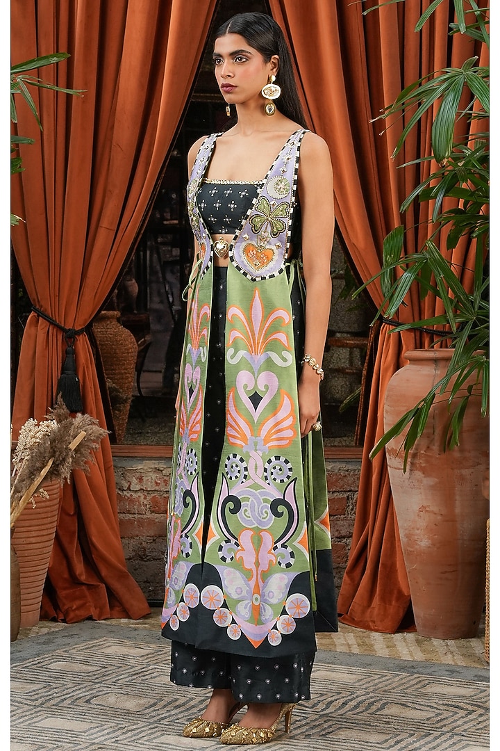 Green Raw Silk Printed & Embroidered Jacket Set by PAPA DONT PREACH PRET at Pernia's Pop Up Shop