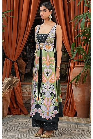 Green Raw Silk Printed & Embroidered Jacket Set by PAPA DONT PREACH PRET