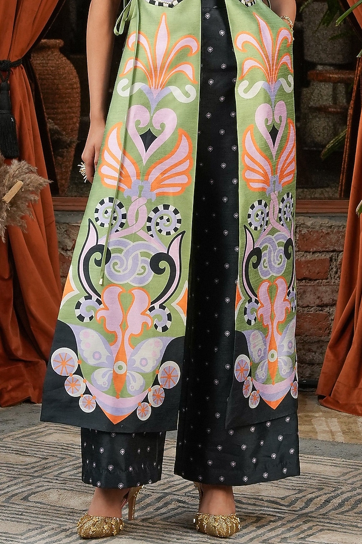 Green Raw Silk Printed & Embroidered Jacket Set by PAPA DONT PREACH PRET at Pernia's Pop Up Shop