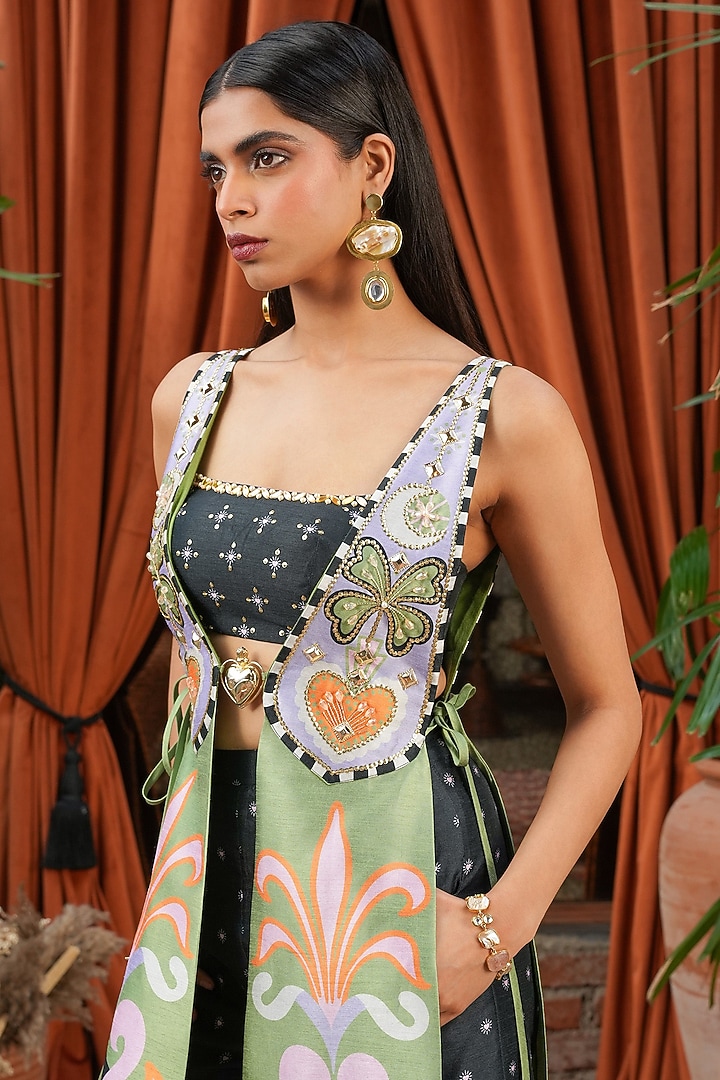 Green Raw Silk Printed & Embroidered Jacket Set by PAPA DONT PREACH PRET at Pernia's Pop Up Shop