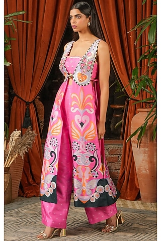 Pink Raw Silk Printed & Embroidered Jacket Set by PAPA DONT PREACH PRET