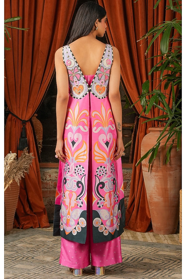 Pink Raw Silk Printed & Embroidered Jacket Set by PAPA DONT PREACH PRET at Pernia's Pop Up Shop