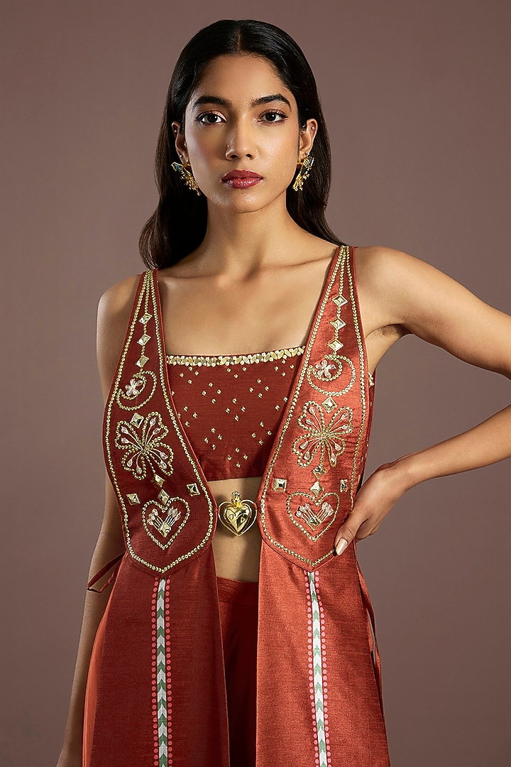 Rust Raw Silk Printed Paneled Jacket Set by PAPA DONT PREACH PRET at Pernia's Pop Up Shop