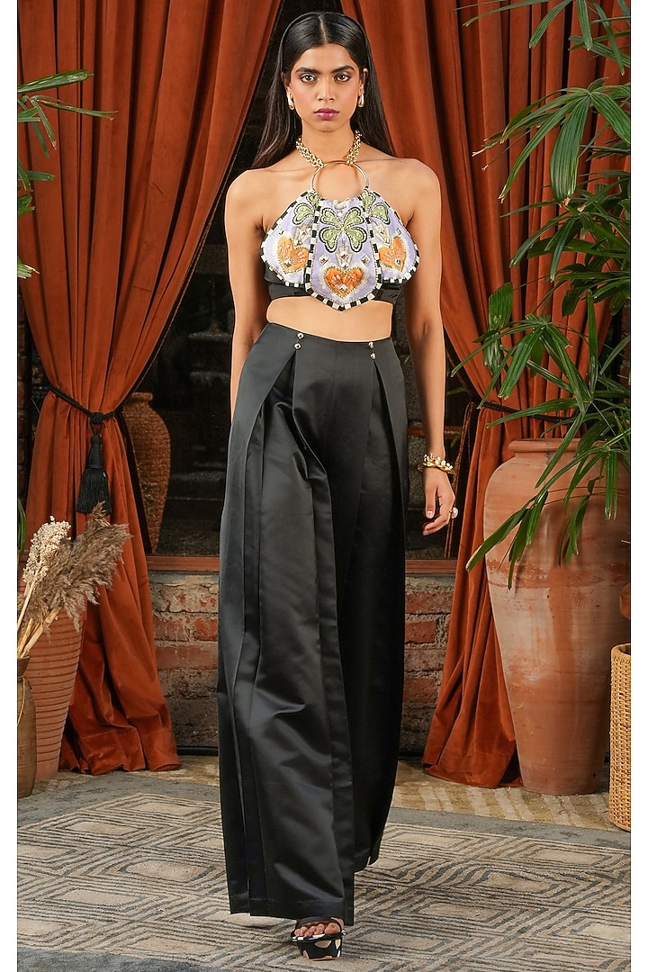 Black Satin Pleated Pant Set by PAPA DONT PREACH PRET at Pernia's Pop Up Shop