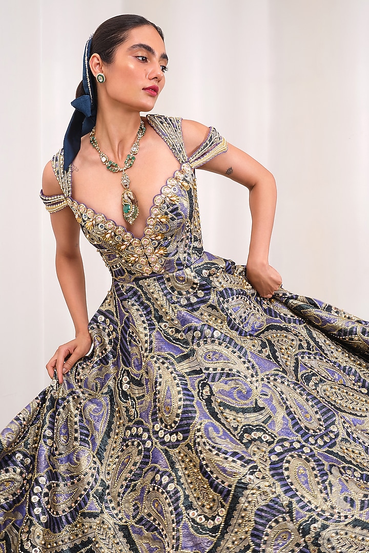 Lilac Jacquard Embroidered Party Wear Dress by PAPA DONT PREACH PRET at Pernia's Pop Up Shop