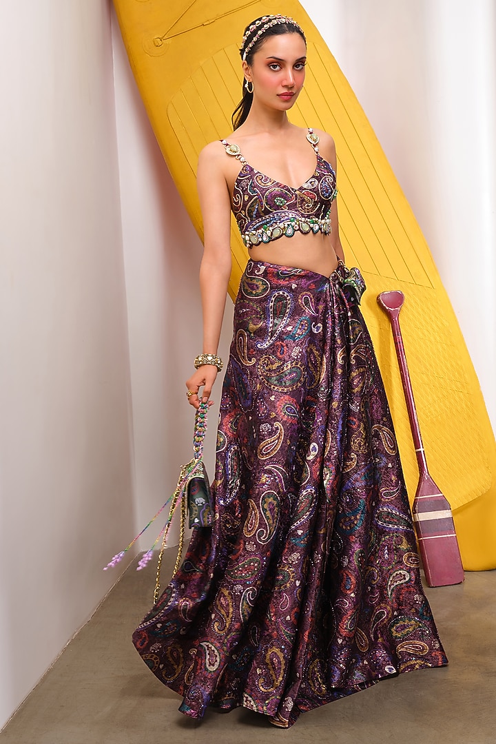 Wine Jacquard Embellished Skirt Set by PAPA DONT PREACH PRET at Pernia's Pop Up Shop