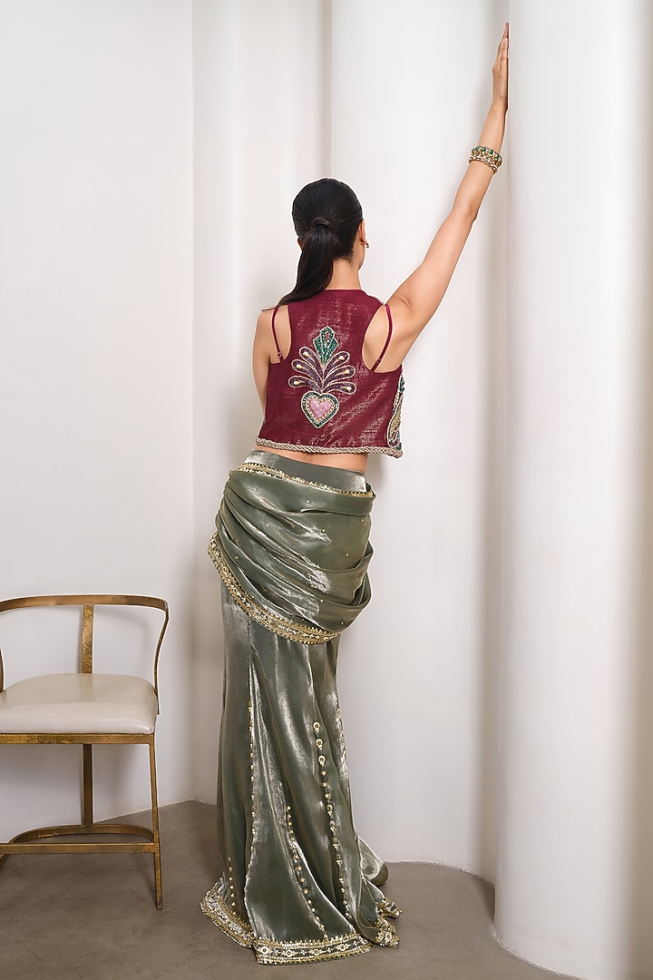 Green Jacquard Hand Embellished Pre-Stitched Bridal Saree Set by PAPA DONT PREACH PRET at Pernia's Pop Up Shop