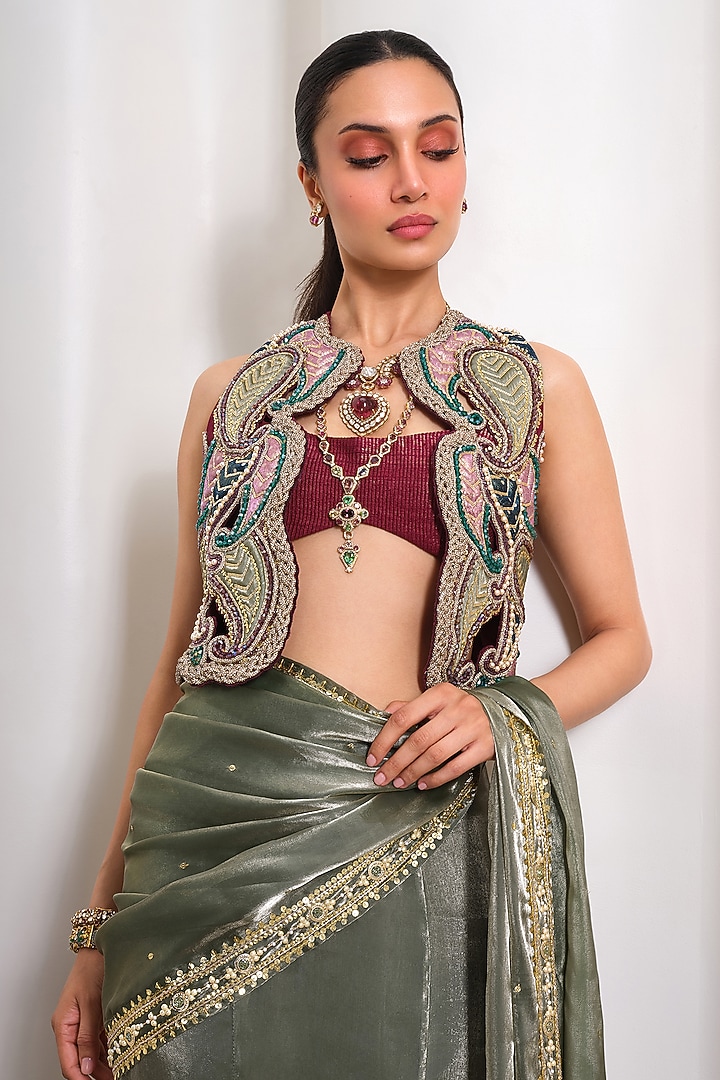 Green Jacquard Hand Embellished Pre-Stitched Bridal Saree Set by PAPA DONT PREACH PRET at Pernia's Pop Up Shop
