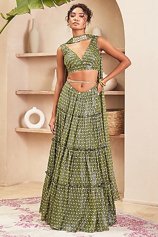 Black Lurex Georgette Tulip Printed Layered Lehenga Set by PAPA DONT PREACH PRET