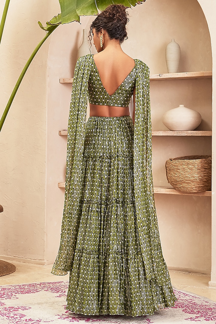Black Lurex Georgette Tulip Printed Layered Wedding Lehenga Set by PAPA DONT PREACH PRET at Pernia's Pop Up Shop