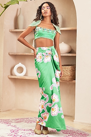 Green Taffeta Pleated Skirt Set by PAPA DONT PREACH PRET