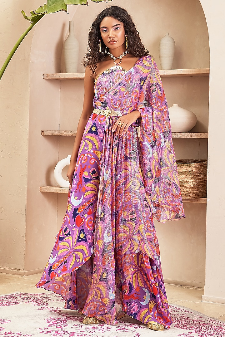 Lilac Crepe Printed Jumpsuit Wedding Saree by PAPA DONT PREACH PRET at Pernia's Pop Up Shop