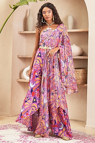 Lilac Crepe Printed Jumpsuit Saree by PAPA DONT PREACH PRET