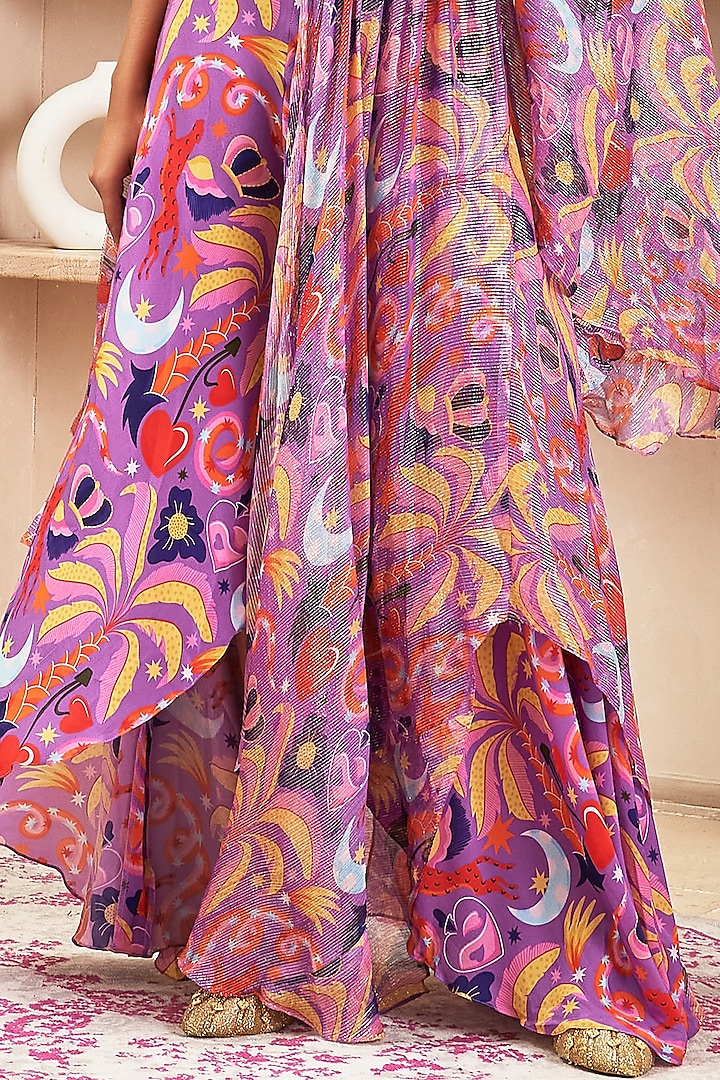 Lilac Crepe Printed Jumpsuit Wedding Saree by PAPA DONT PREACH PRET at Pernia's Pop Up Shop