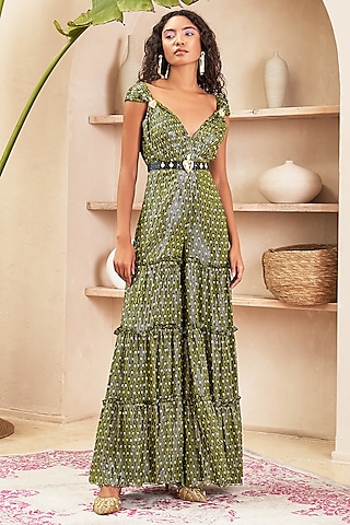 Black Lurex Georgette Printed Jumpsuit by PAPA DONT PREACH PRET