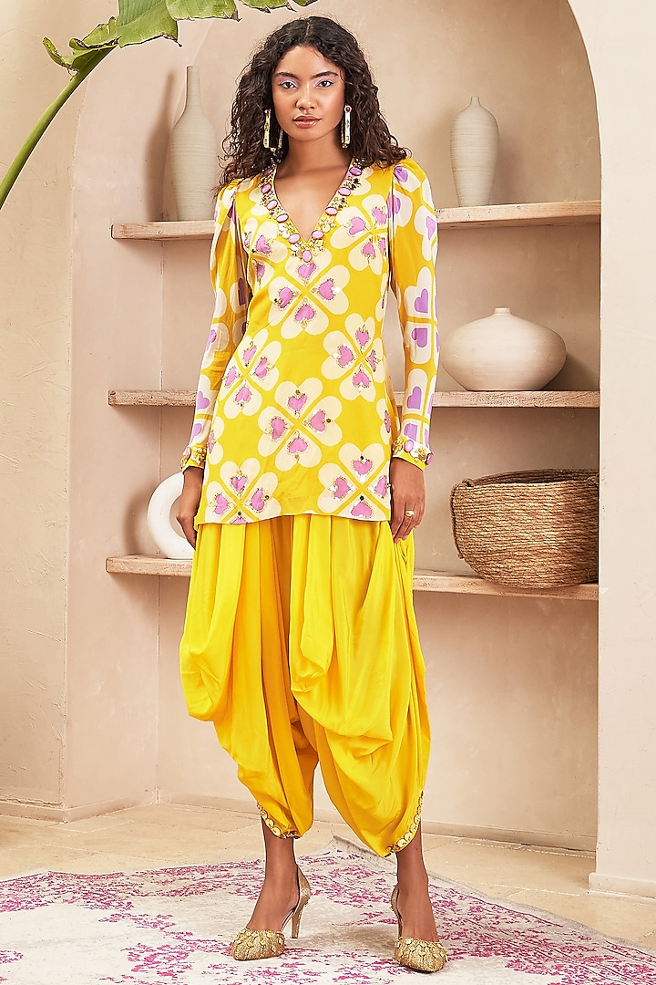 Yellow Crepe Embroidered Tunic Set by PAPA DONT PREACH PRET