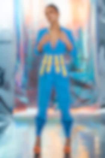 Cerulean Blue Satin Rivets Embellished Jumpsuit by PAPA DONT PREACH PRET