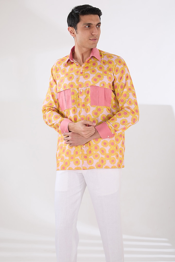 Light Pink Linen Printed Shirt by Pasqo Label