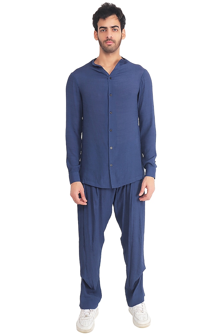 Navy Blue Crepe Linen Co-Ord Set by Pasqo Label