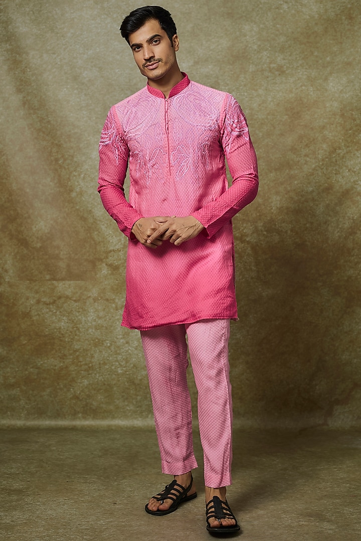 Pink Ombre Cotton Floral Embroidered Kurta Set by Pasqo Label